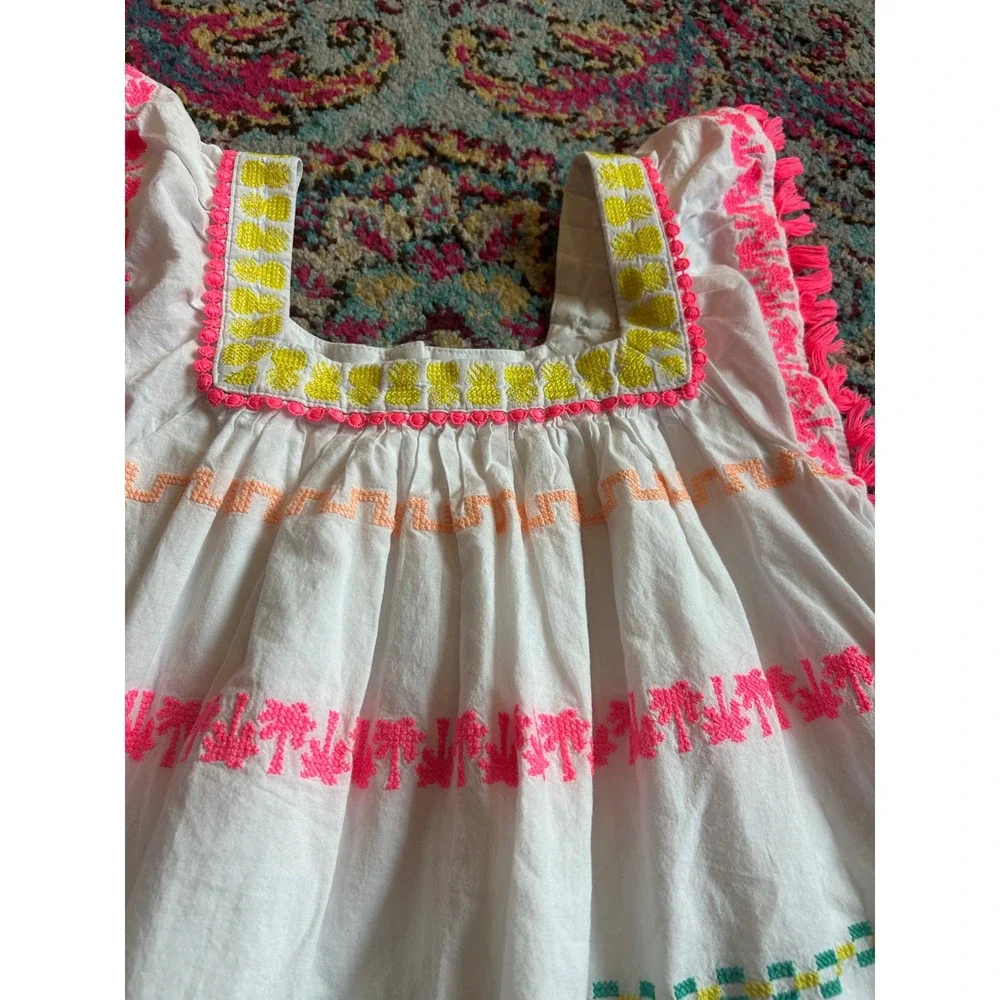 Cat &‎ Jack Girls Dress White Neon Embroidered Palm Tree Pineapple Fringe bin B